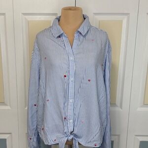 Beachlunchlounge Striped Heart Embroidered Tie Front Shirt XL Blue White LTT6314